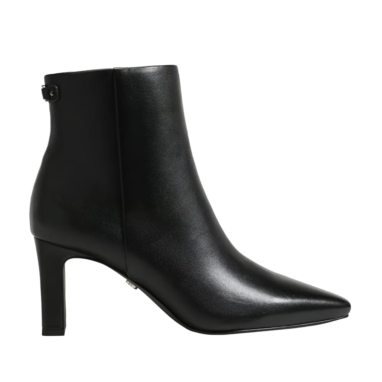 snakeskin pointed square toe heeled ankle boot on a white background