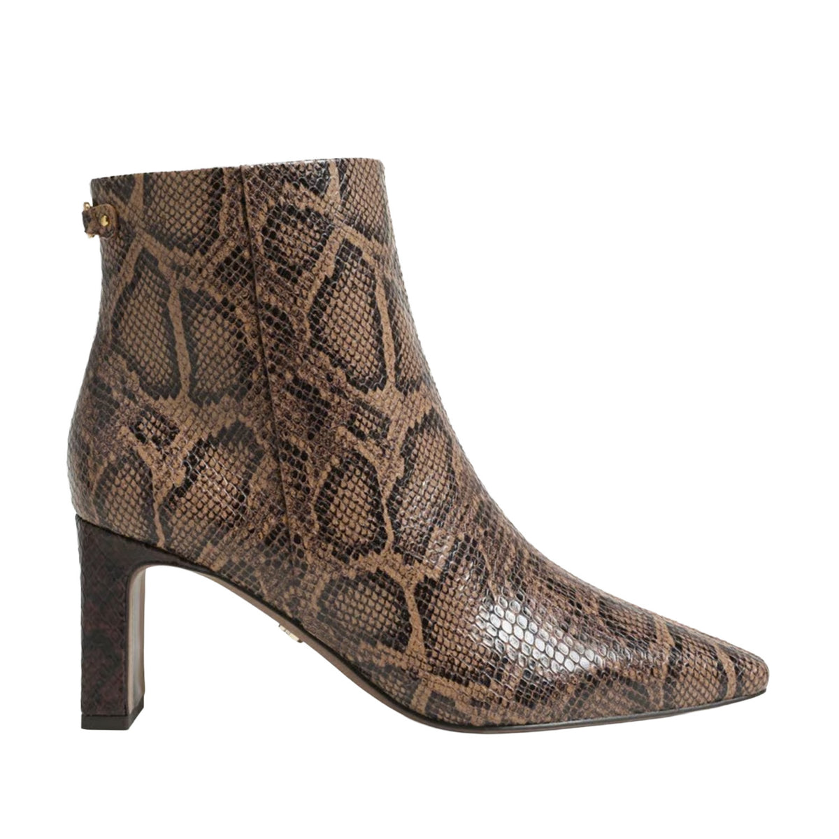 snakeskin pointed square toe heeled ankle boot on a white background