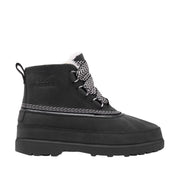 black waterproof nubuck shearling-lined lace-up boot with patterned laces on a white background