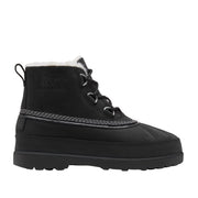 black waterproof nubuck shearling-lined lace-up boot with patterned laces on a white background