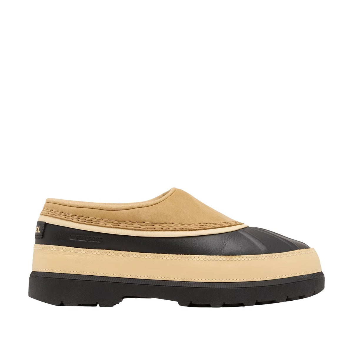 black and tan waterproof leather duck clog on a white background