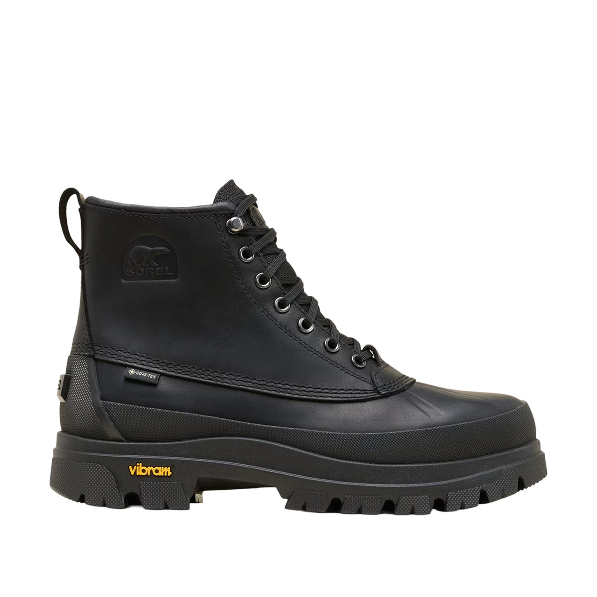 black waterproof leather lace-up duck boot with a vibram lug sole on a white background
