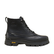 black waterproof leather lace-up duck boot with a vibram lug sole on a white background