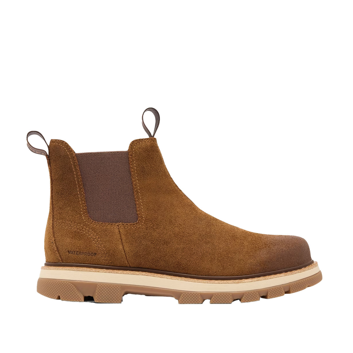 tan suede waterproof chelsea boot on a white background