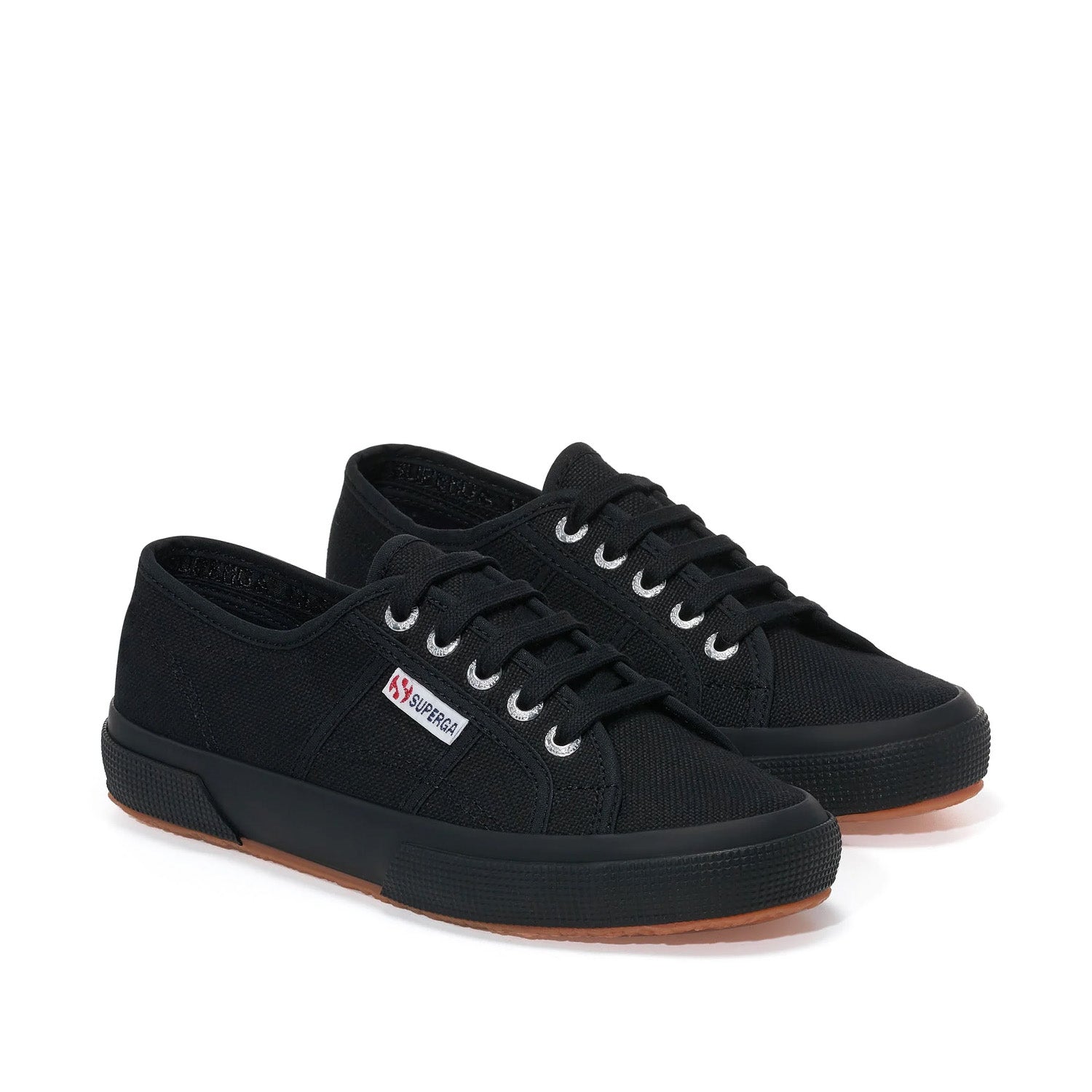 Black lace-up sneaker with a brand label on a white background