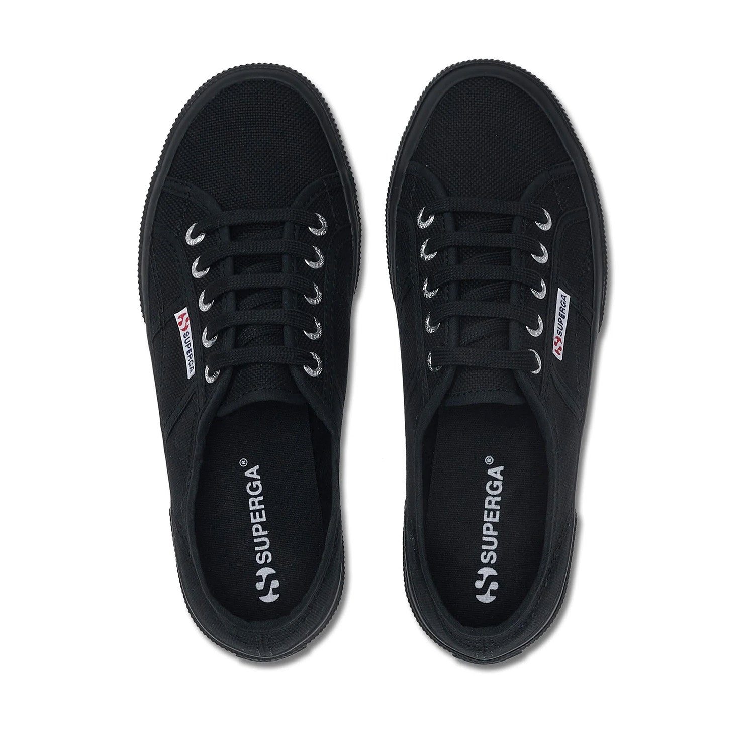 Black lace-up sneaker with a brand label on a white background