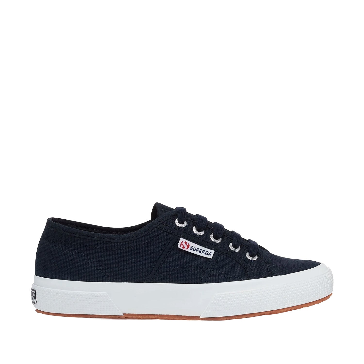 Navy lace-up sneaker with white sole on a white background