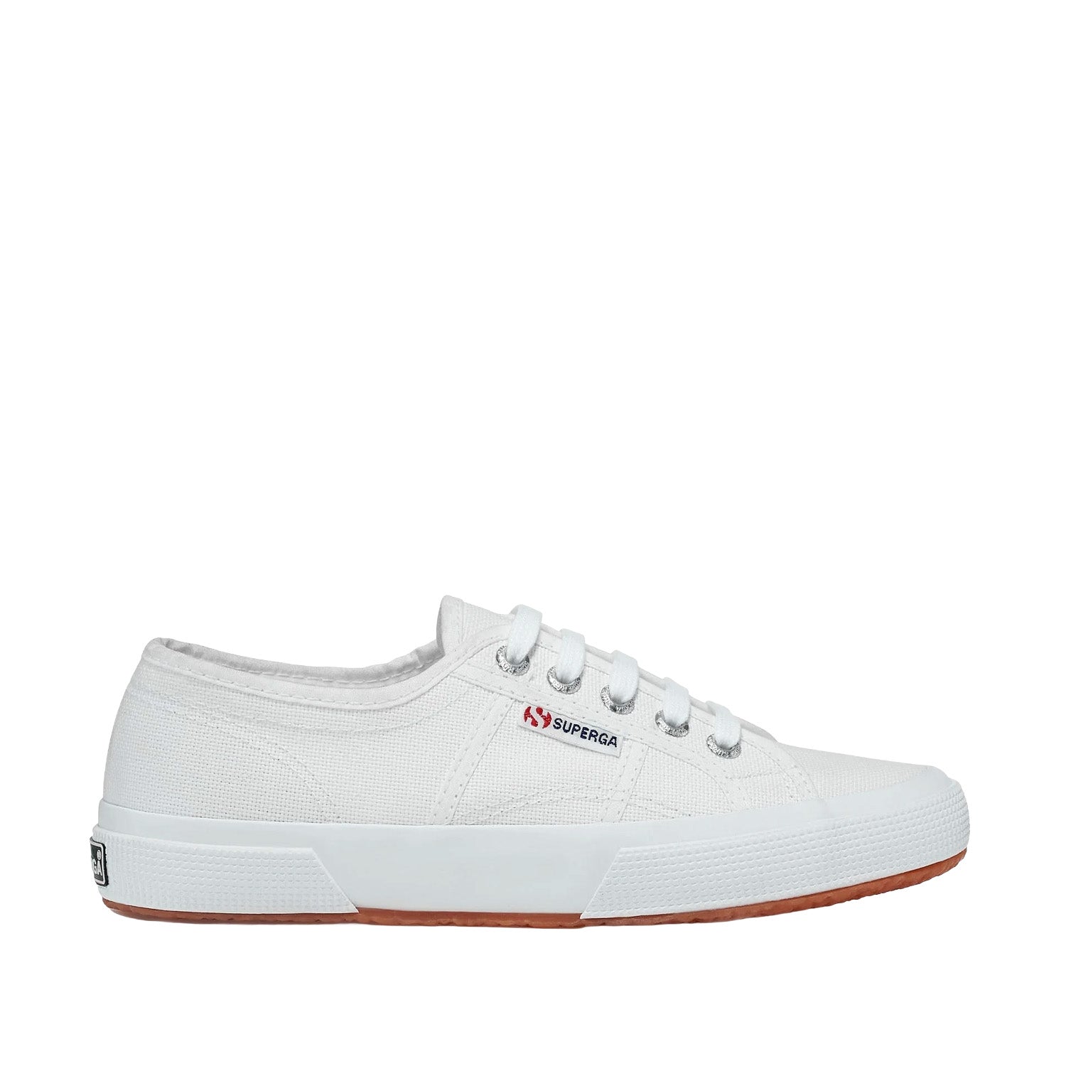 White lace-up canvas sneaker with white sole on white background