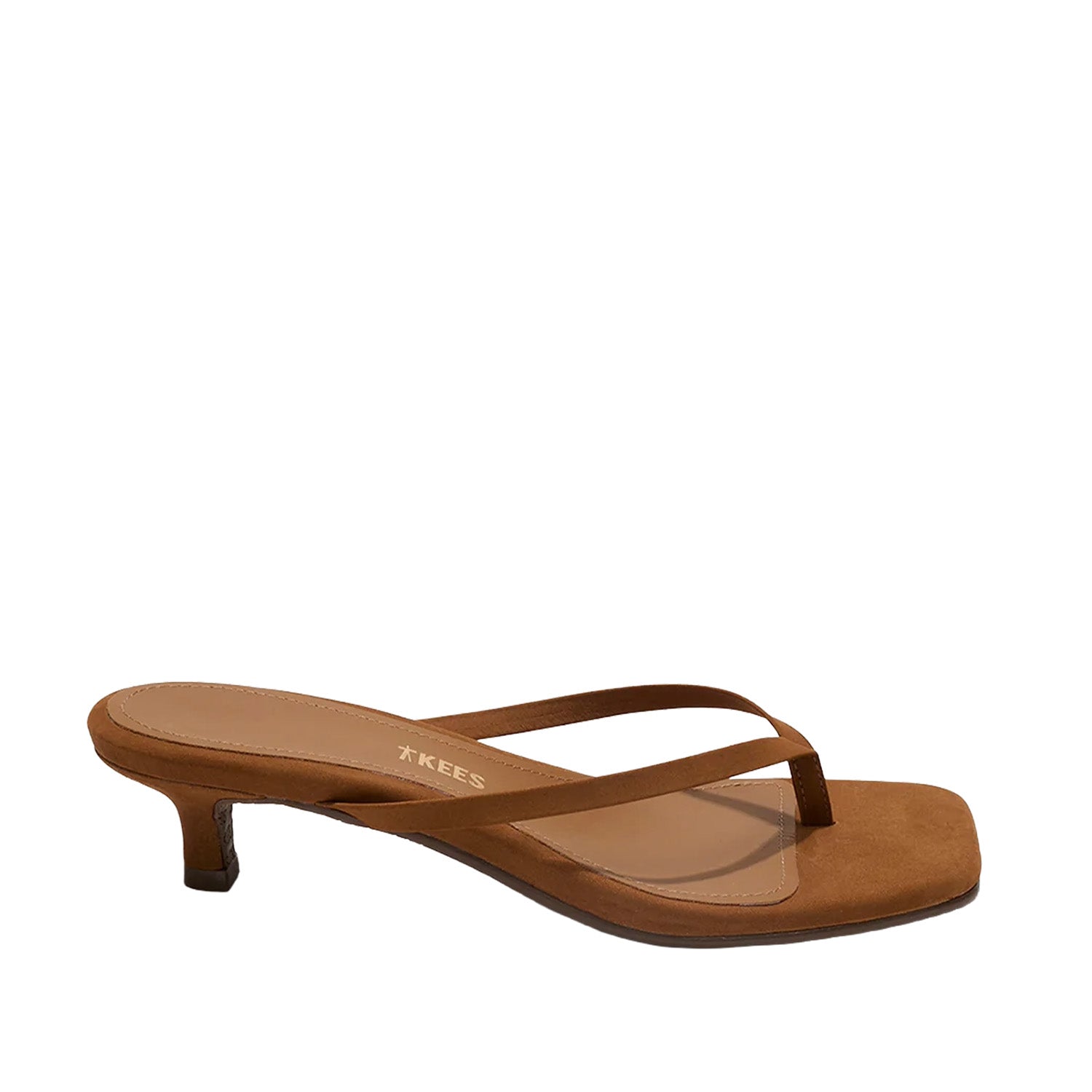 Brown suede flip flop kitten heel sandal on white background