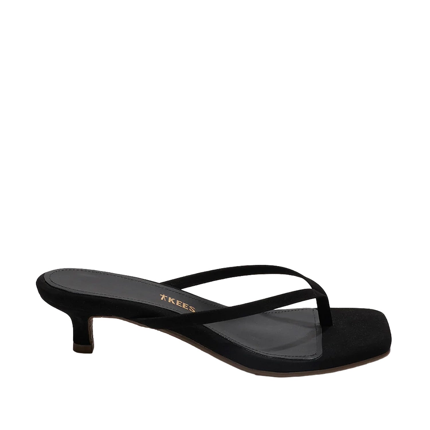 Black suede flip flop kitten heel sandal on white background