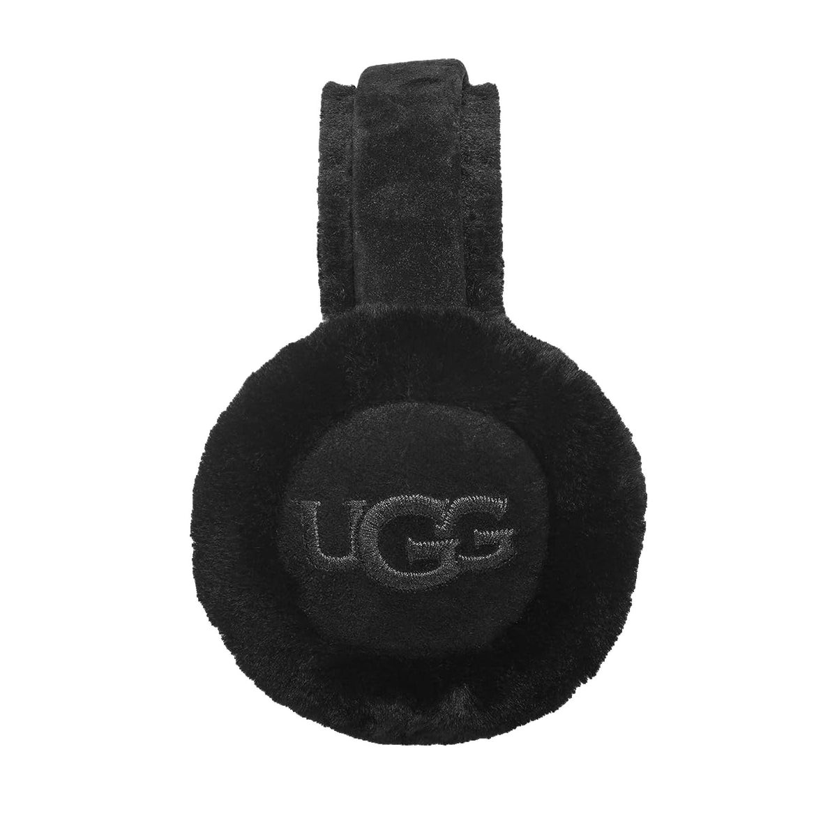black sheepskin earmuffs on a white background