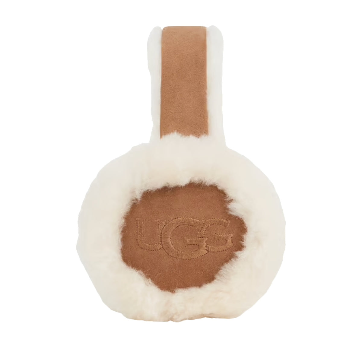 brown sheepskin earmuffs on a white background