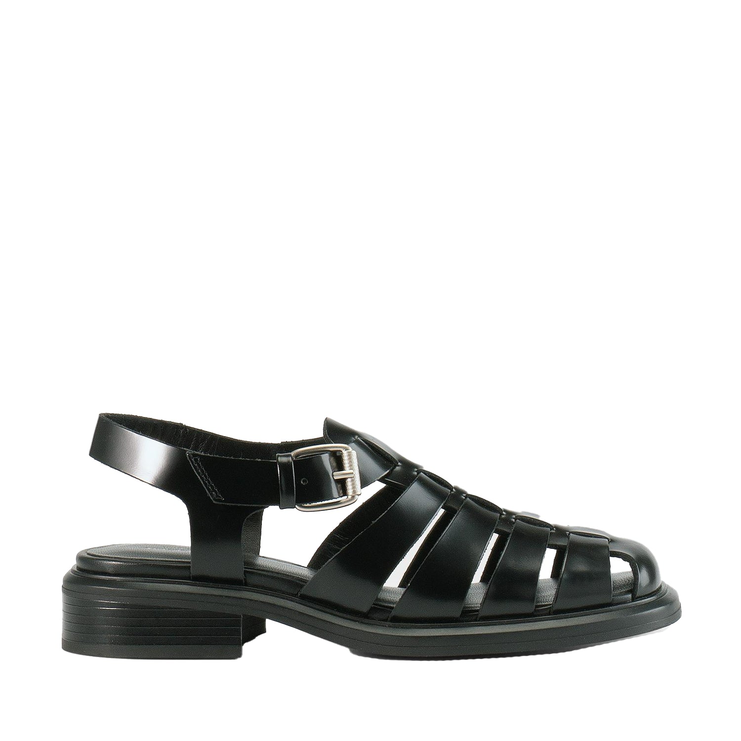 Black leather fisherman sandal with adjustable buckle.