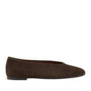 Brown suede slip-on ballet flat on a white background