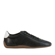 Black leather lace-up sneaker on a white background