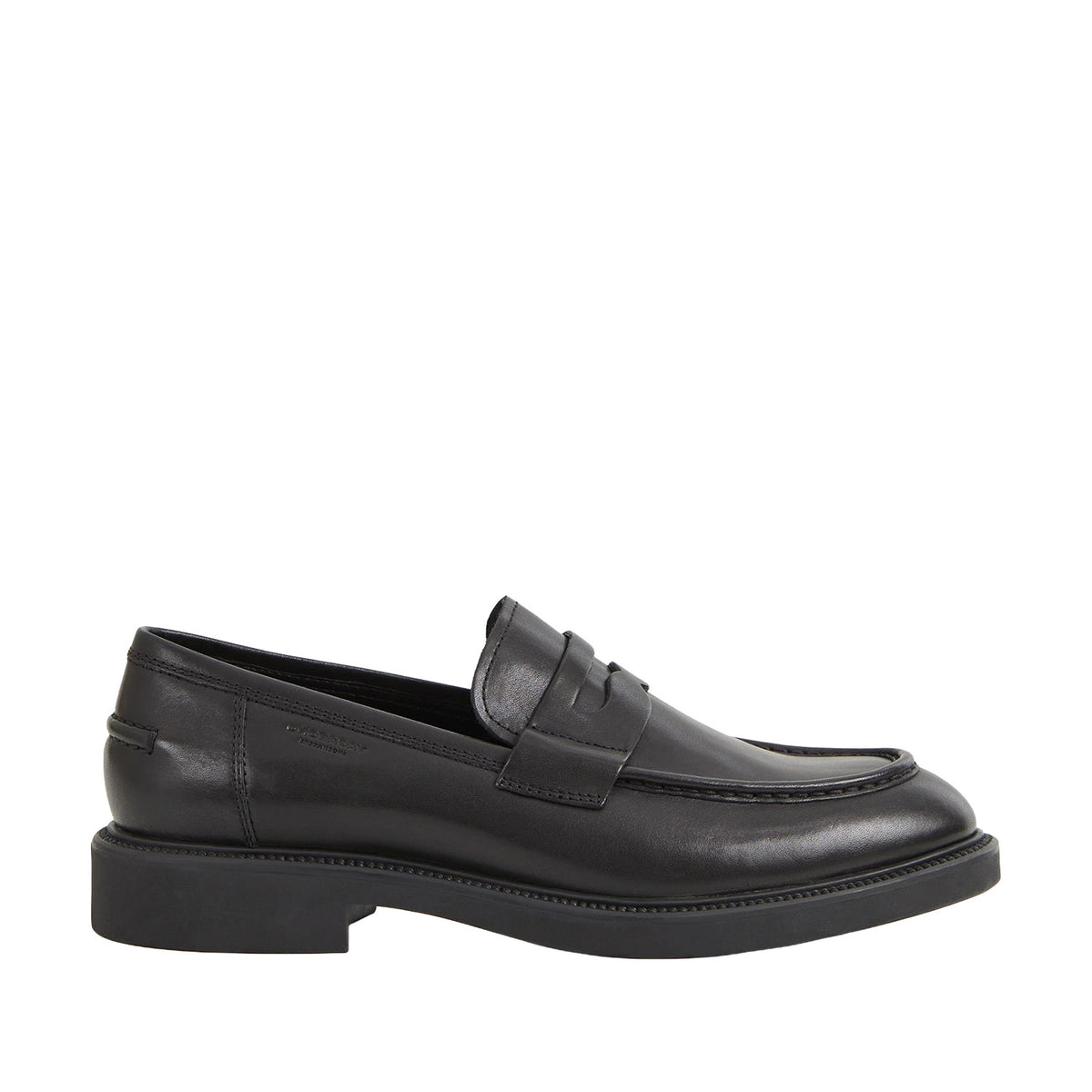 black leather penny loafer on a white background