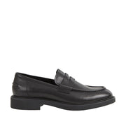 black leather penny loafer on a white background