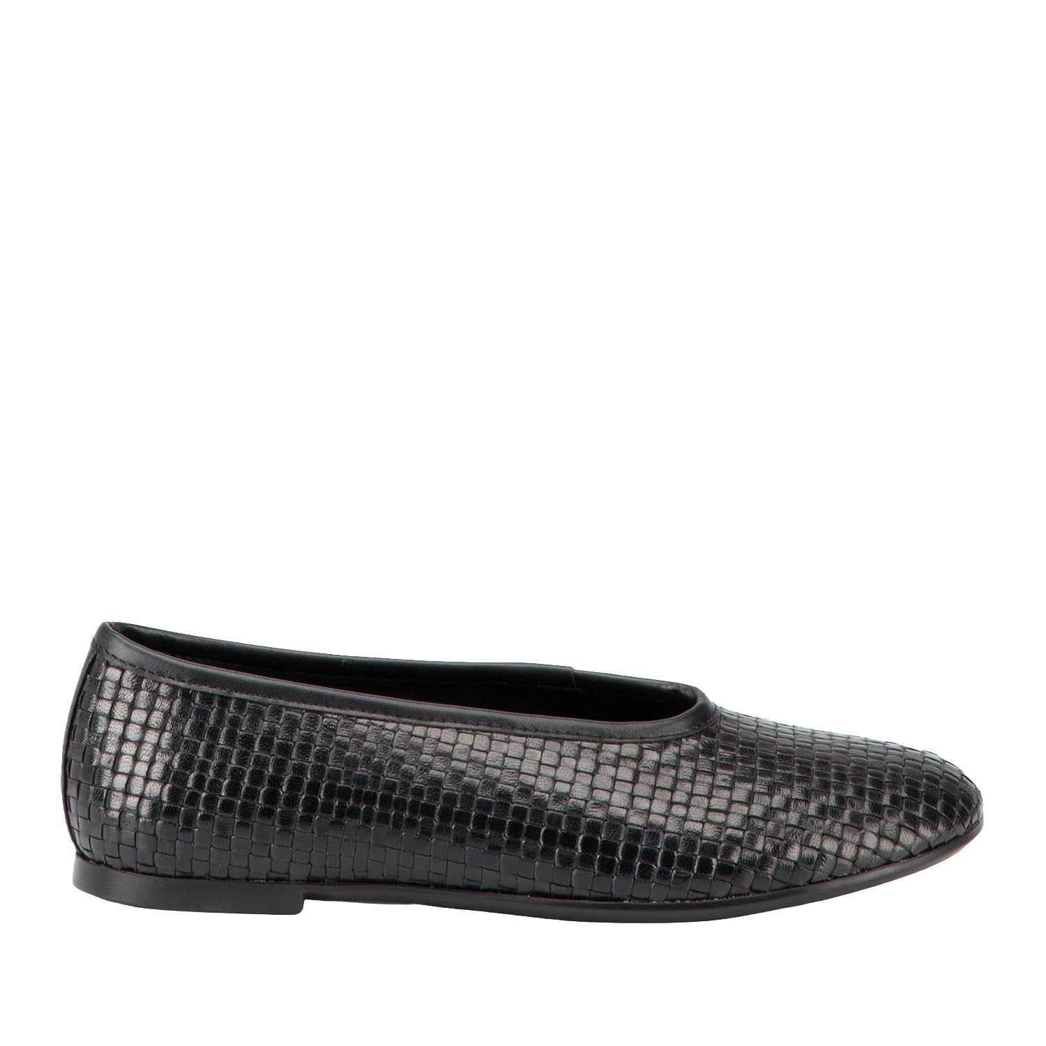 Black braided leather slip-on ballet flat on a white background