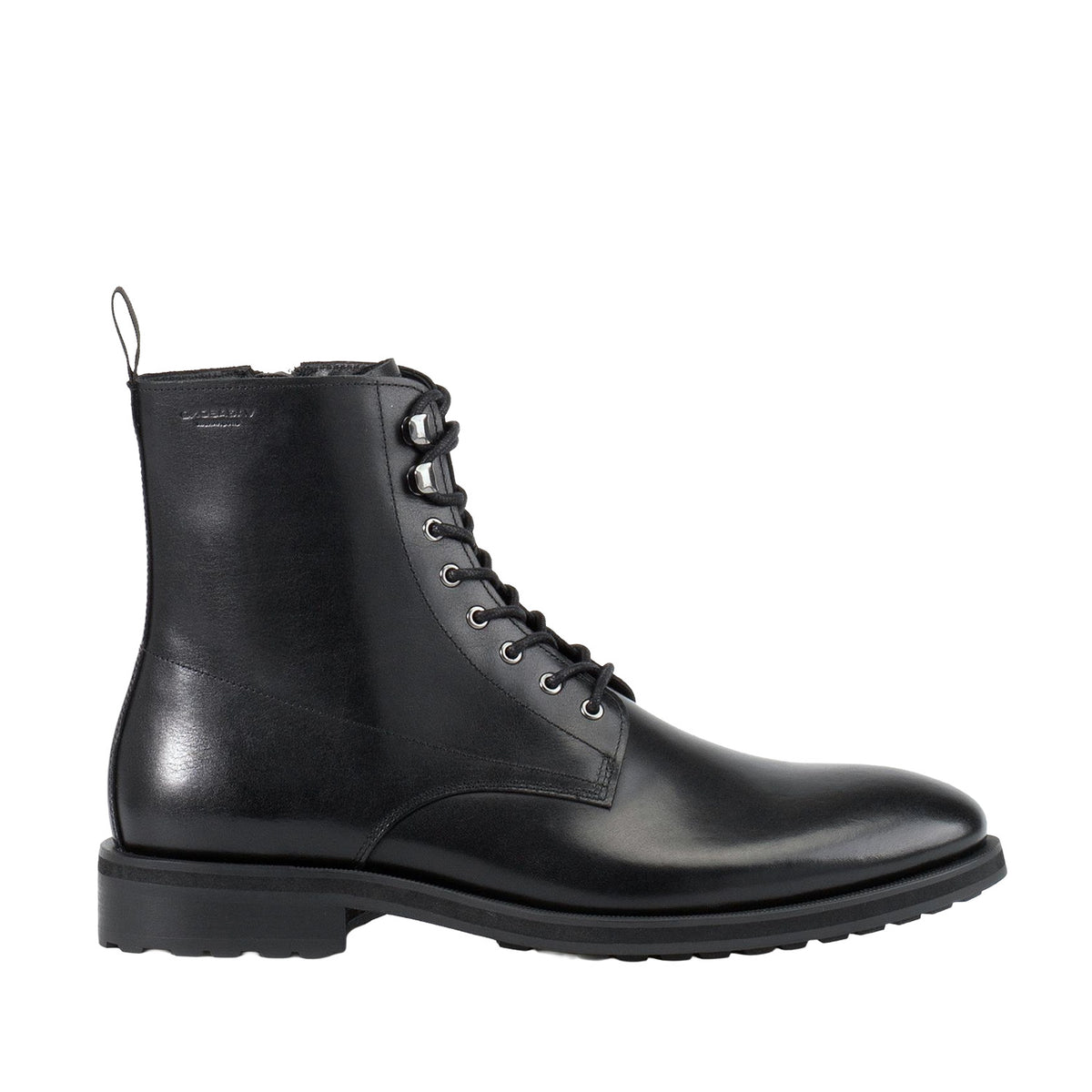 black leather lace up boot on a white background