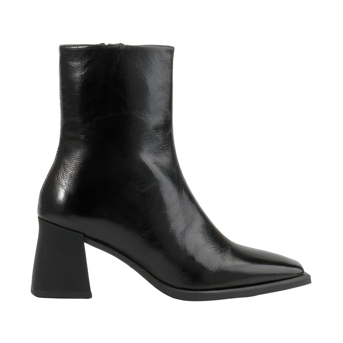 black patent leather heeled square-toe boot on a white background