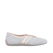 Light blue suede sneaker flat hybrid with adjustable laces and racer design. 