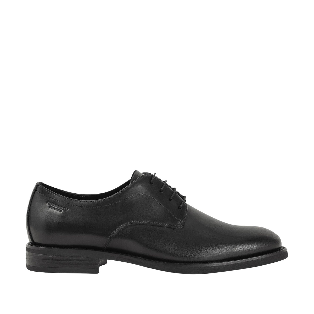 black leather oxford on a white background