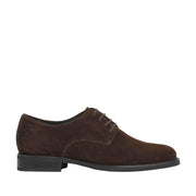 dark brown suede oxford on a white background