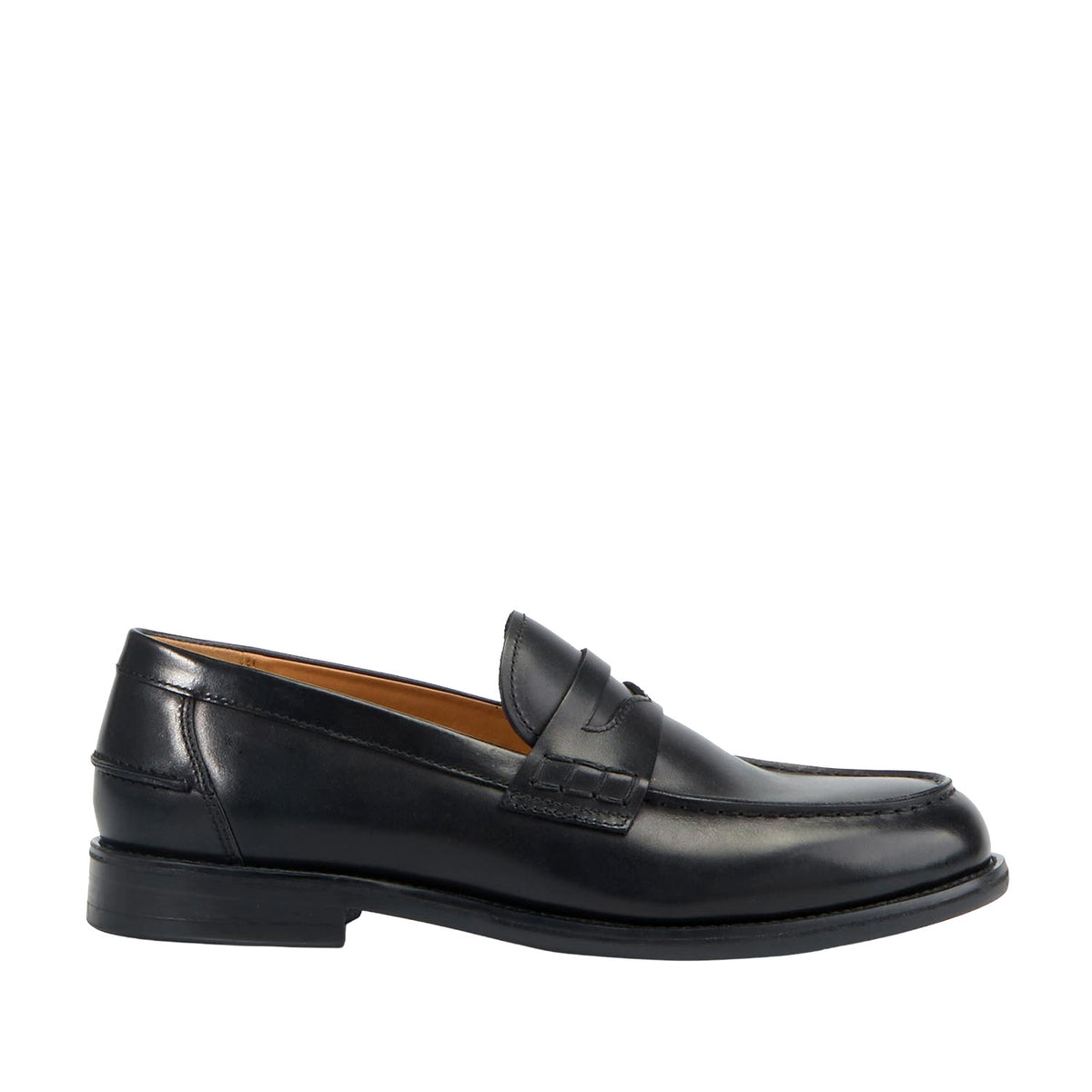 black leather penny loafer on a white background
