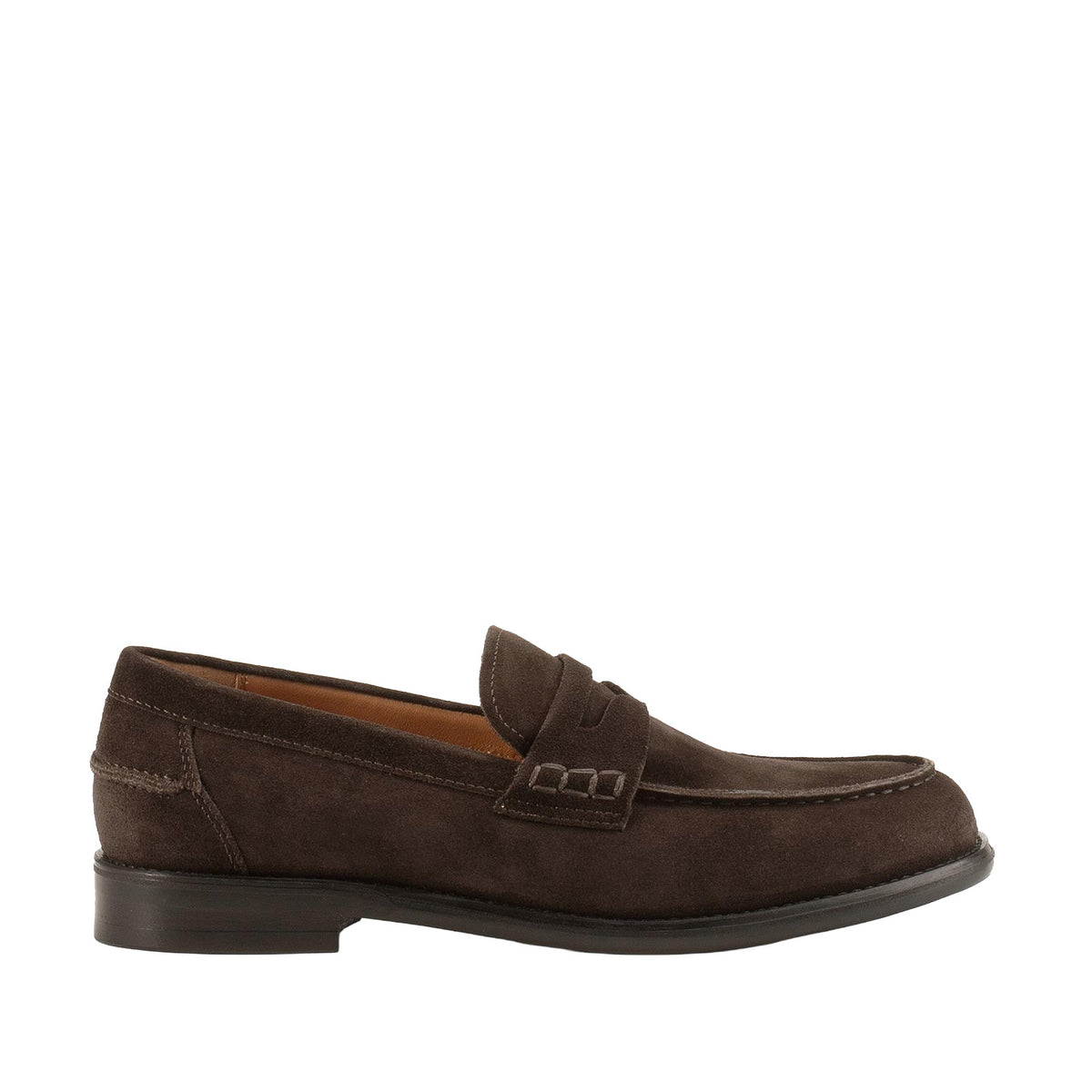dark brown suede penny loafer on a white background