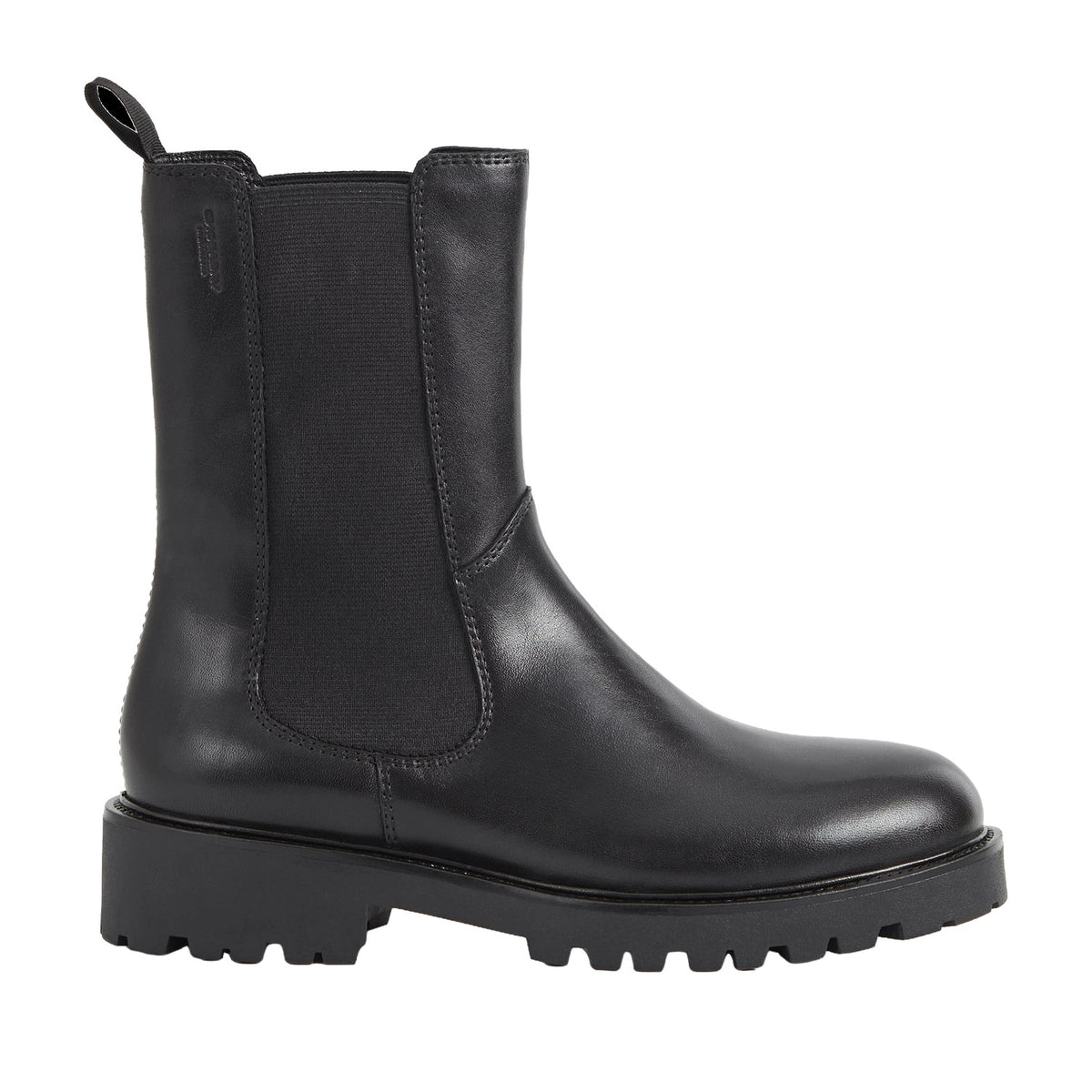black leather chelsea ankle boot on a white background