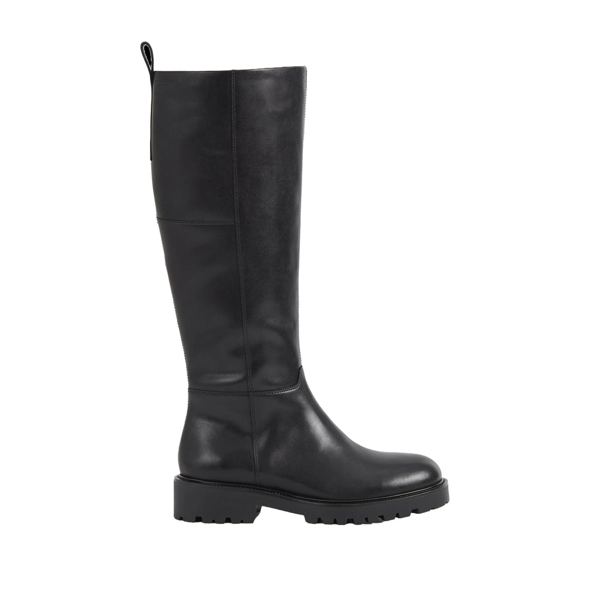 black leather knee-high riding boot on a white background
