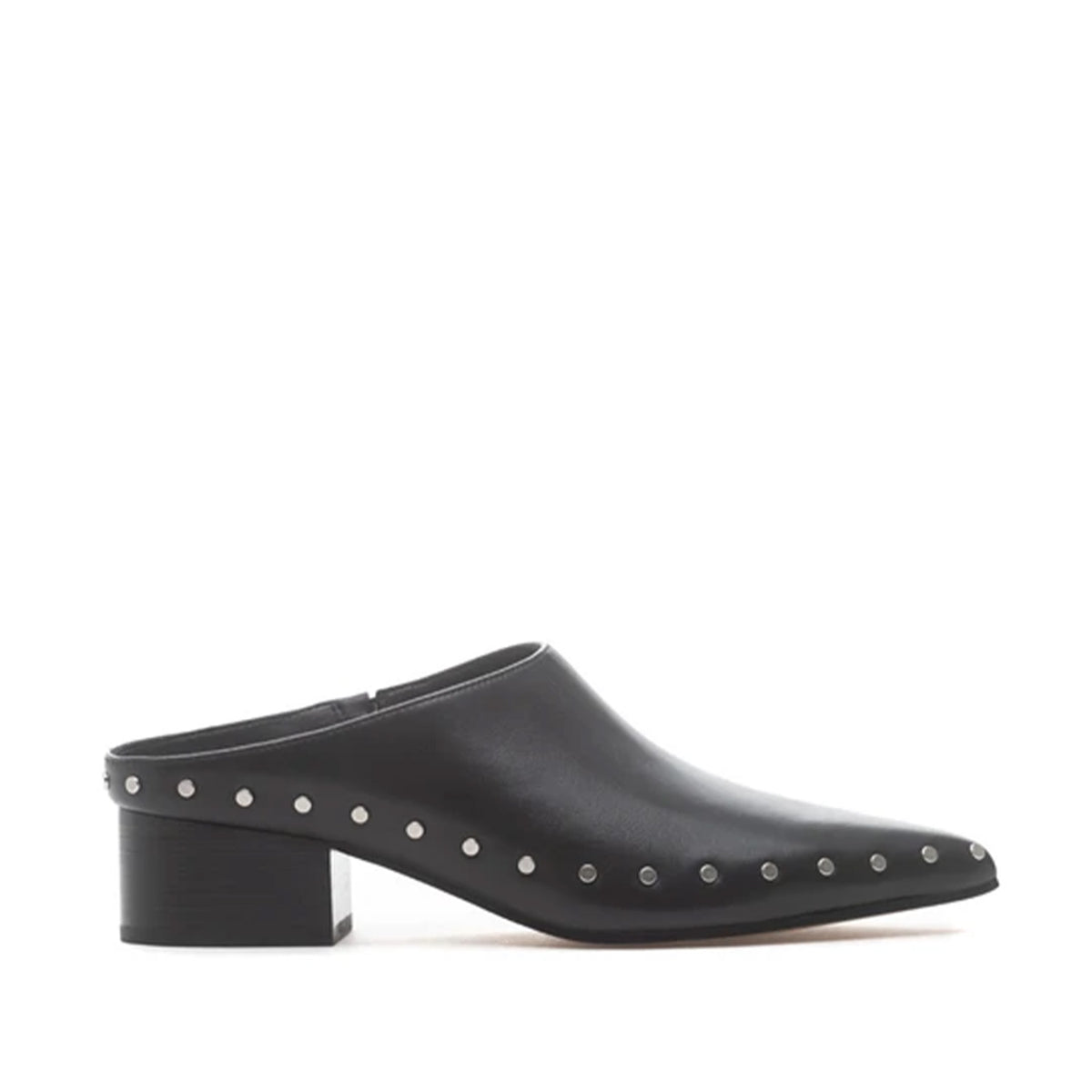 black leather studded mule heel on a white background