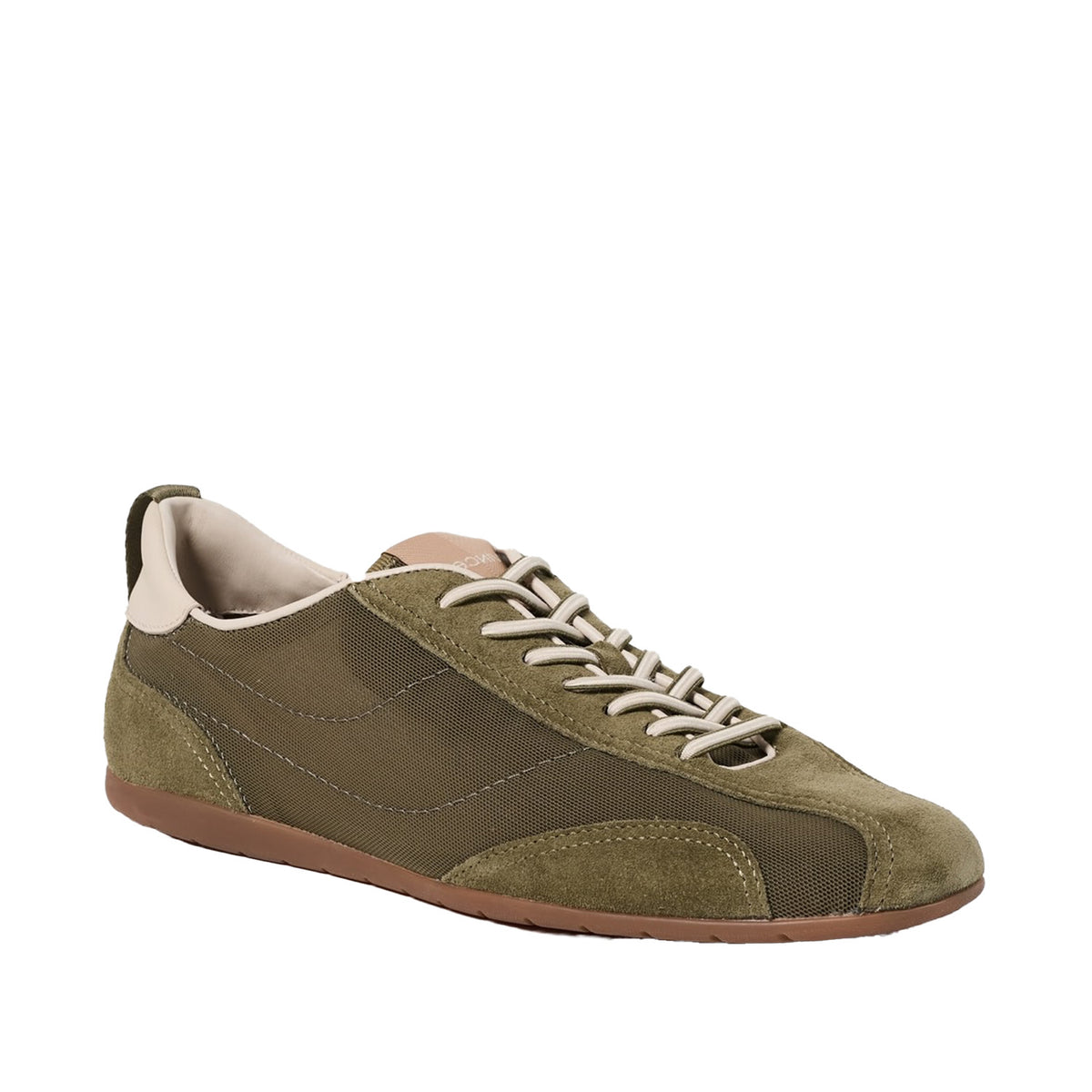 green mesh and suede low-profile lace-up sneaker on a white background