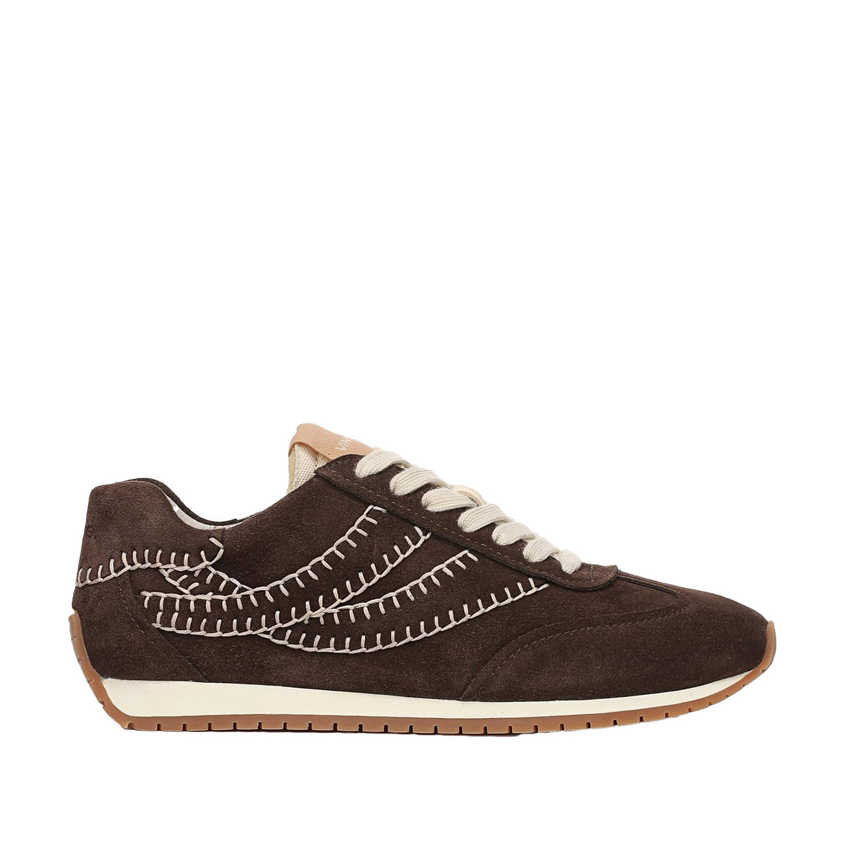 dark brown suede retro contrast stitching sneaker on a white background