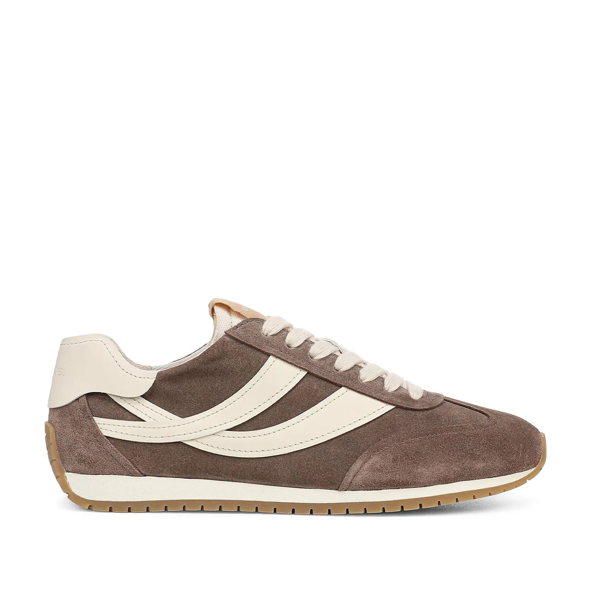 taupe brown suede retro sneaker on a white background