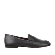 black leather penny loafer on a white background