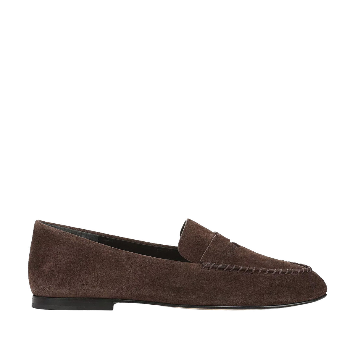 dark brown suede penny loafer on a white background