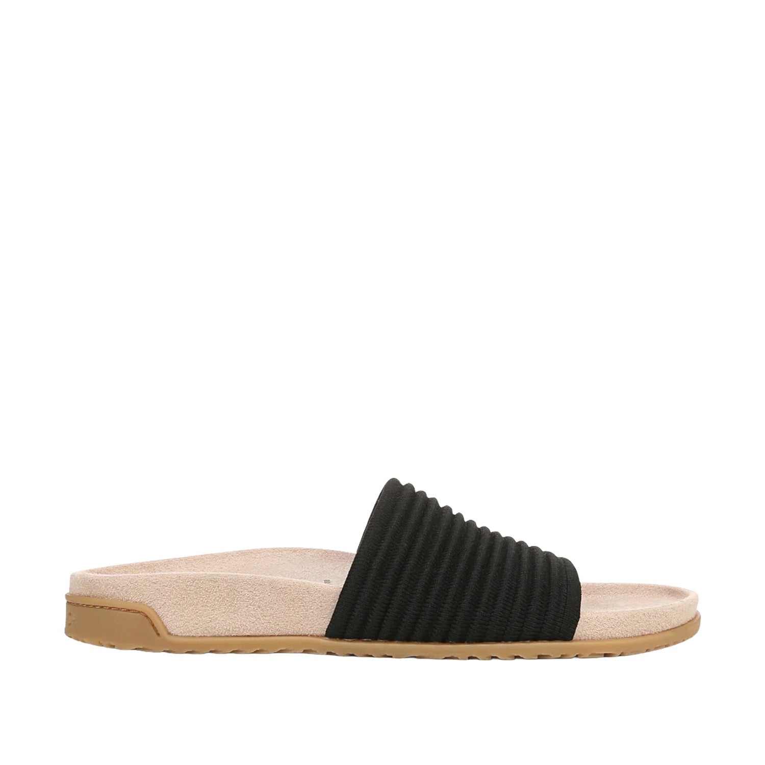 Black slip-on slide sandal on a white background.
