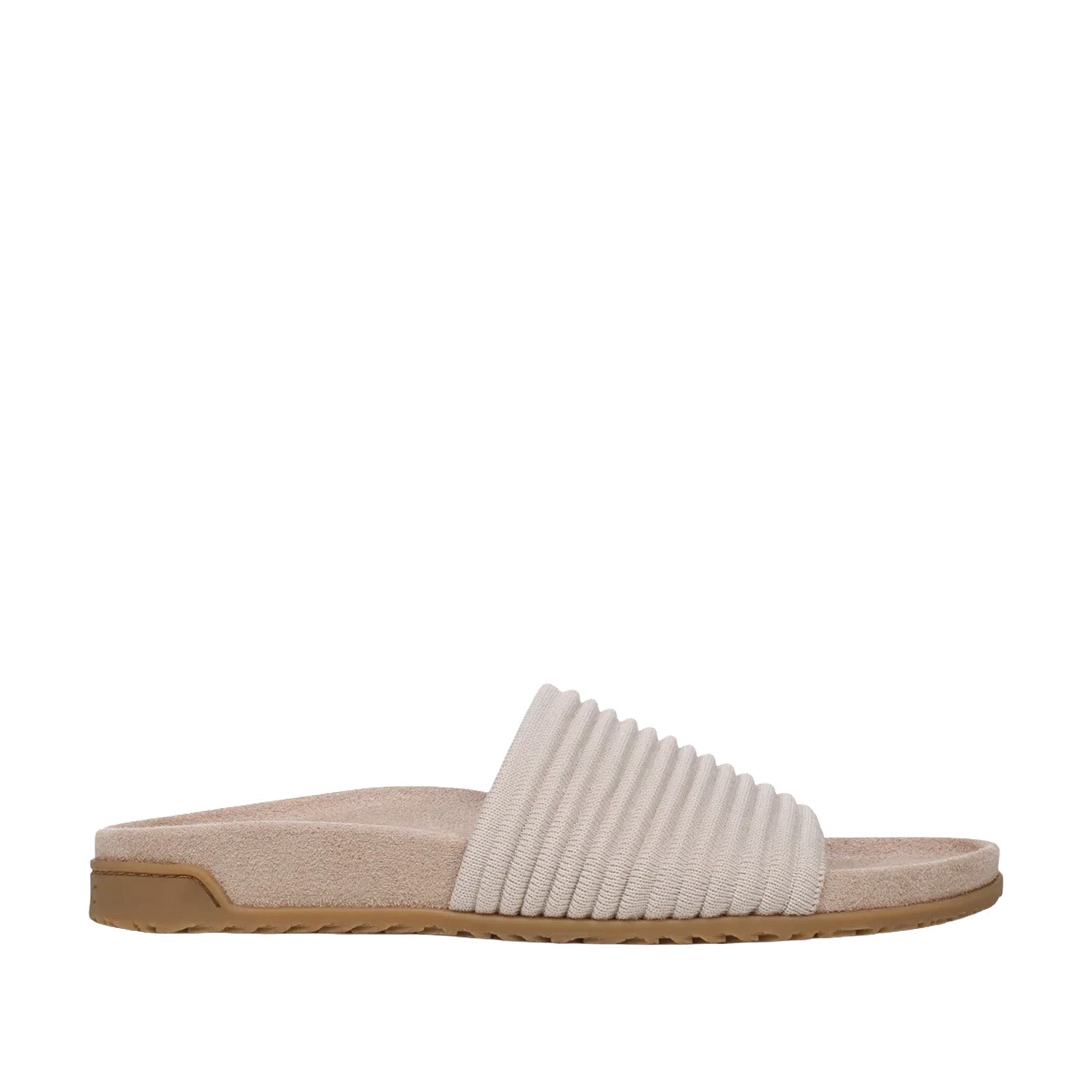 Beige slip-on slide sandal on a white background.