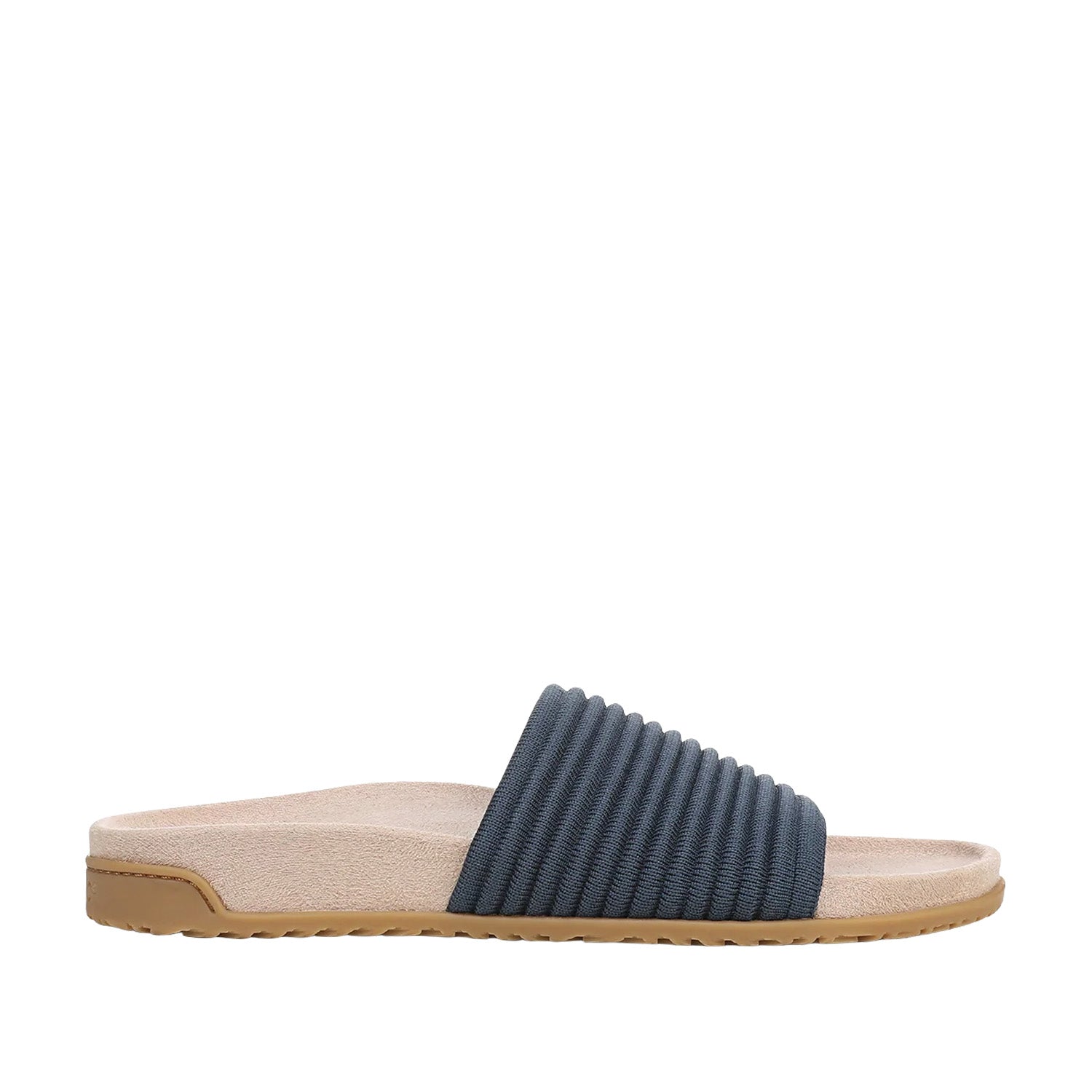 Blue slip-on slide sandal on a white background.