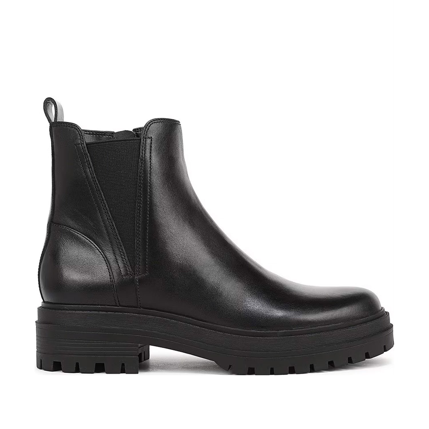 black lug sole leather ankle boot on a white background