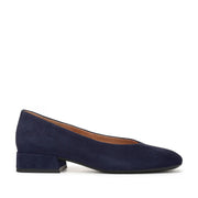 navy low block heel pump on a white background