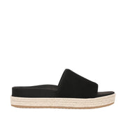 Black slip-on slide espadrille sandal on a white background.