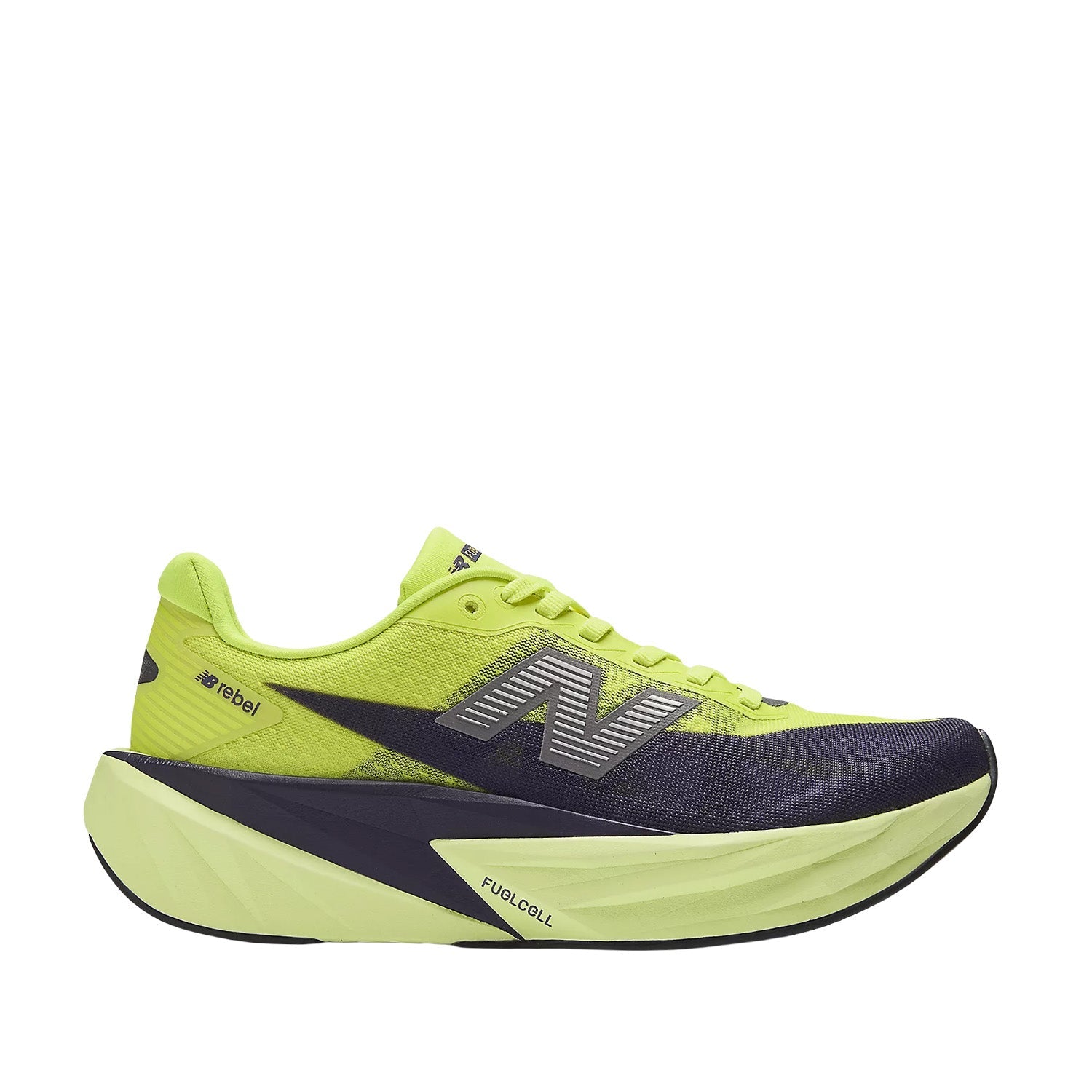 New Balance Women's FuelCell Rebel v5 in Alkaline Green/Boysenberry/Dark Silver Metallic