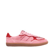 Pink sneaker with red accents on a white background