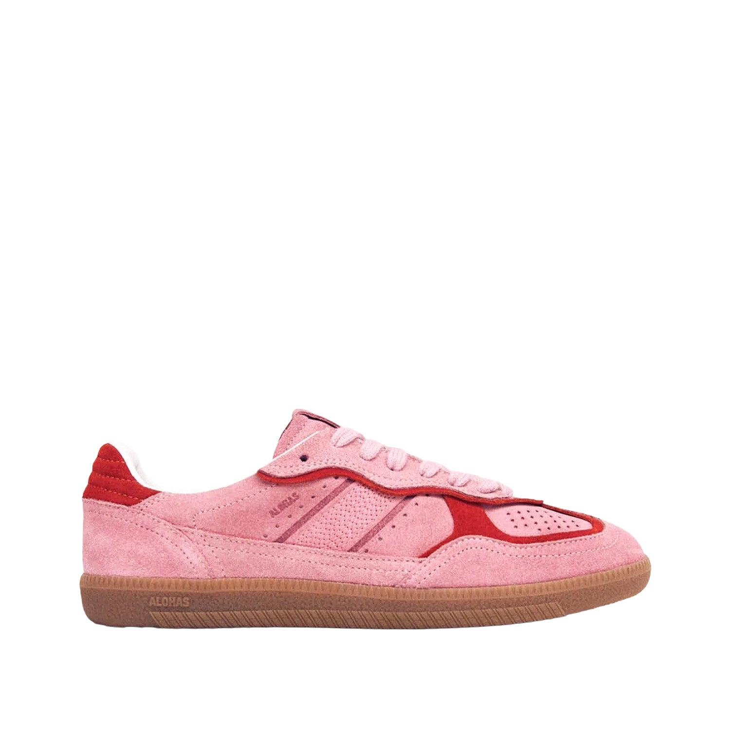 Pink sneaker with red accents on a white background