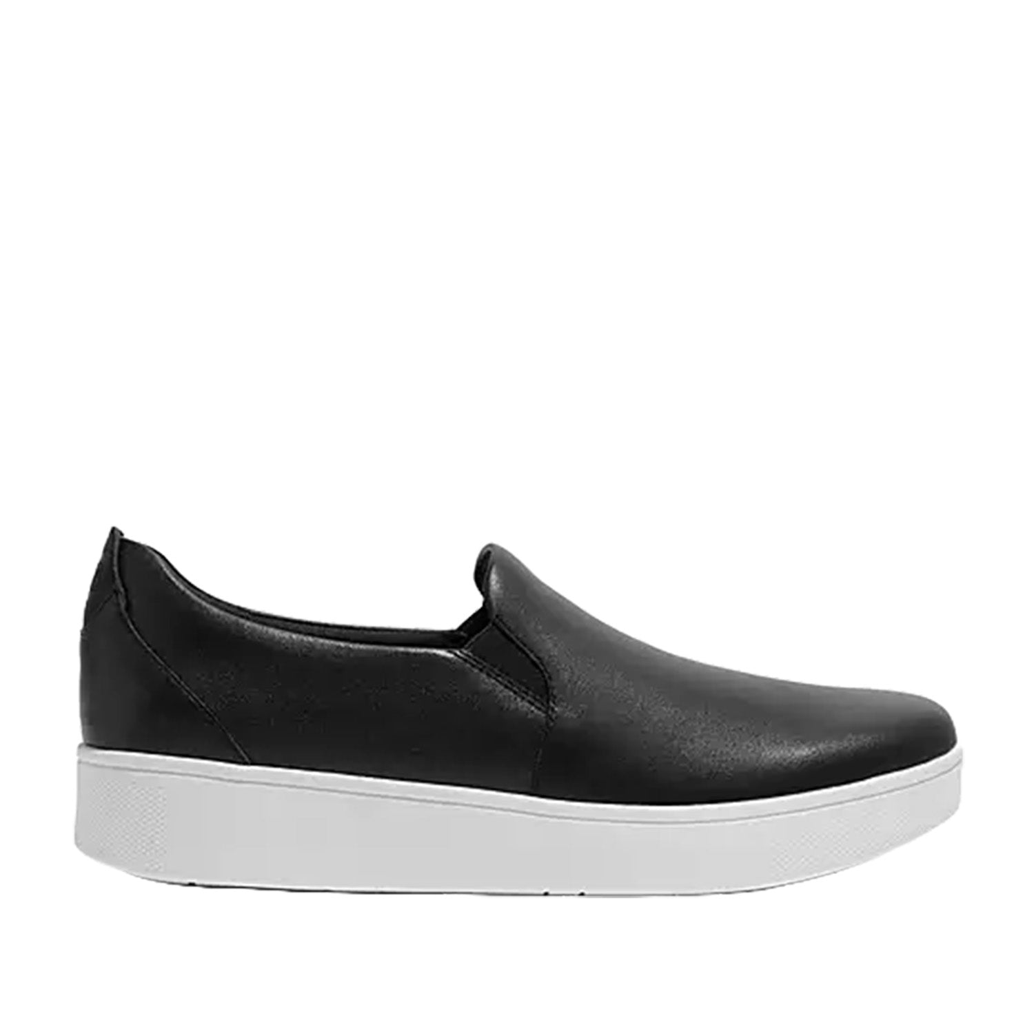 Black leather slip-on sneaker with white sole.