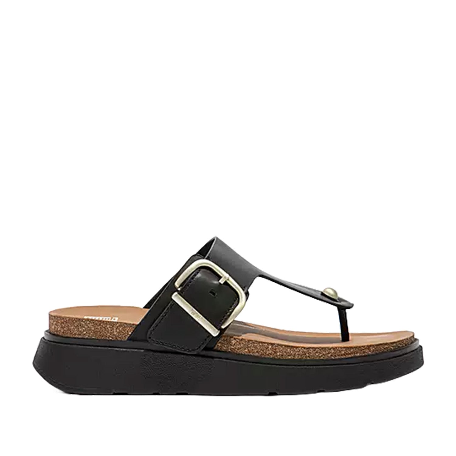 Black leather toe-post sandal with gold buckle. 
