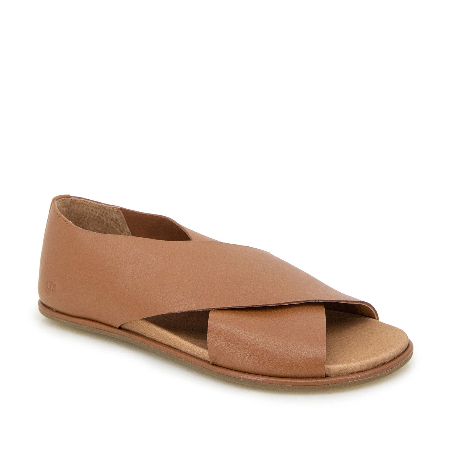 Brown leather flat sandal with a crossover strap and a peep-toe. 