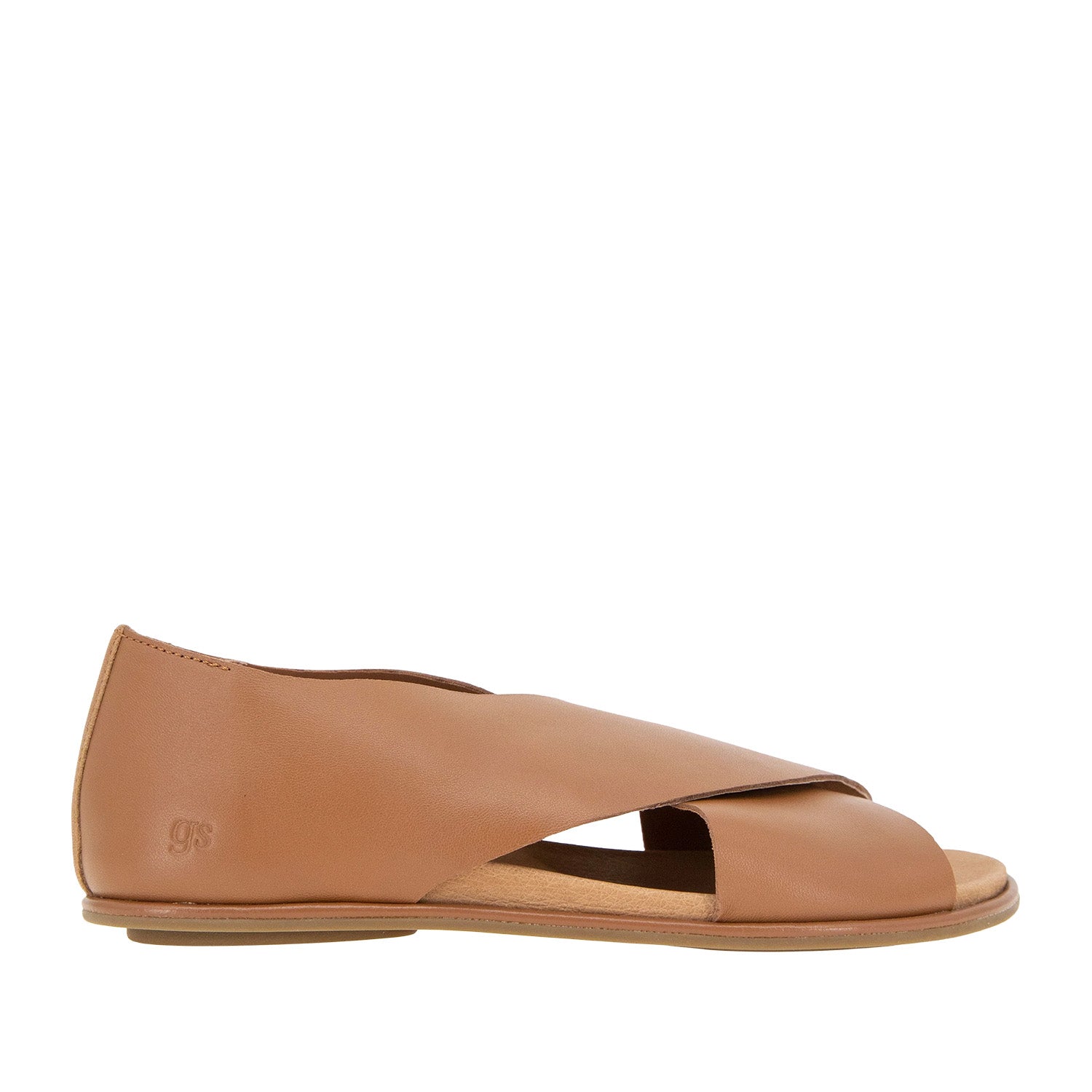 Brown leather flat sandal with a crossover strap and a peep-toe. 